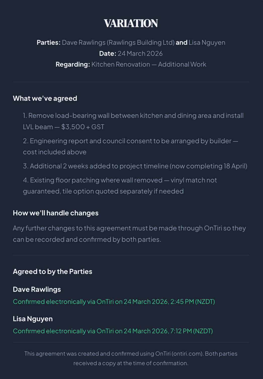 A confirmed agreement in OnTiri showing both parties' confirmation
